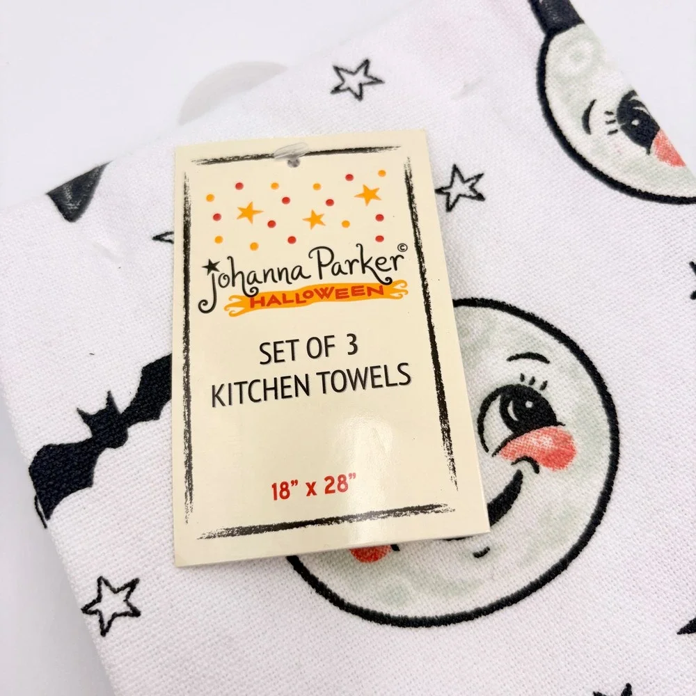 Johanna Parker Halloween Kitchen Towels Set of 3 Laughing Luna Moon Bats Stars